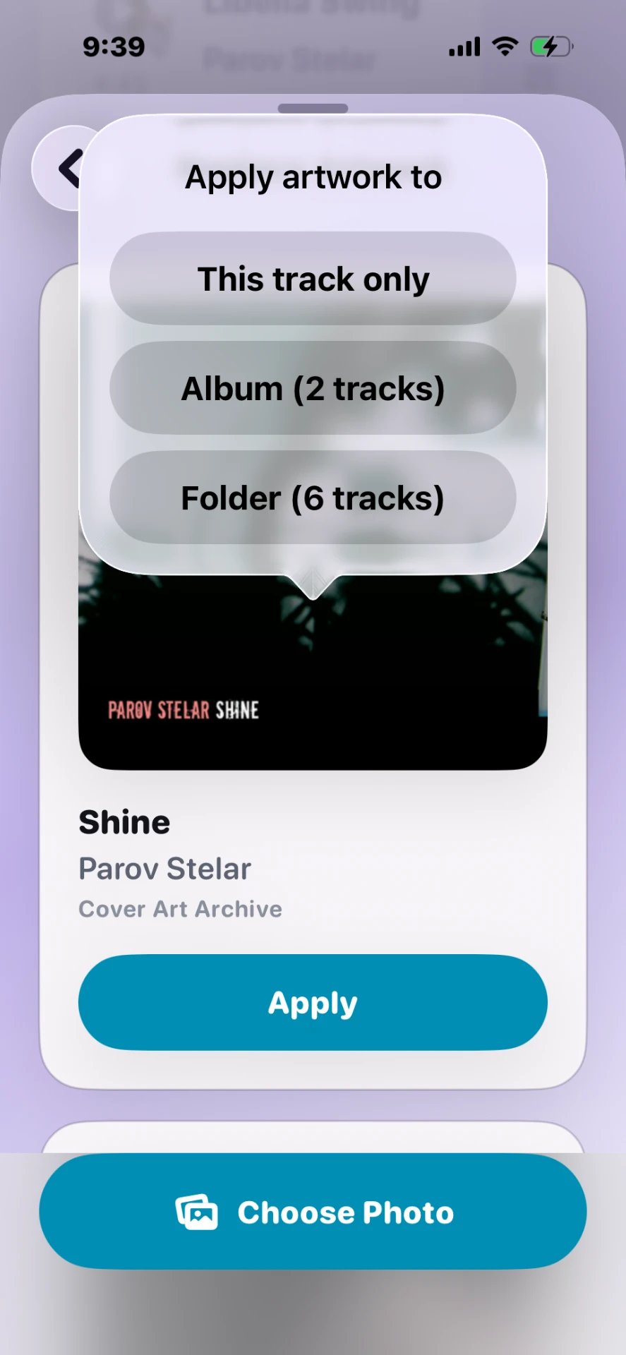 Choosing whether to apply artwork to a track, album, or folder