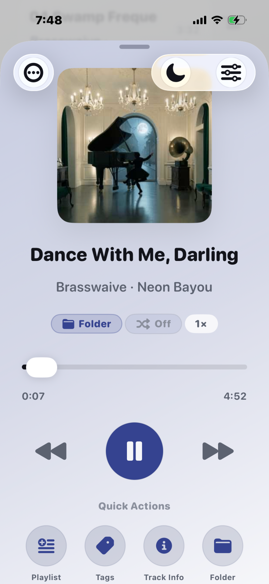 Stow Now Playing screen showing album artwork, track info, and playback controls