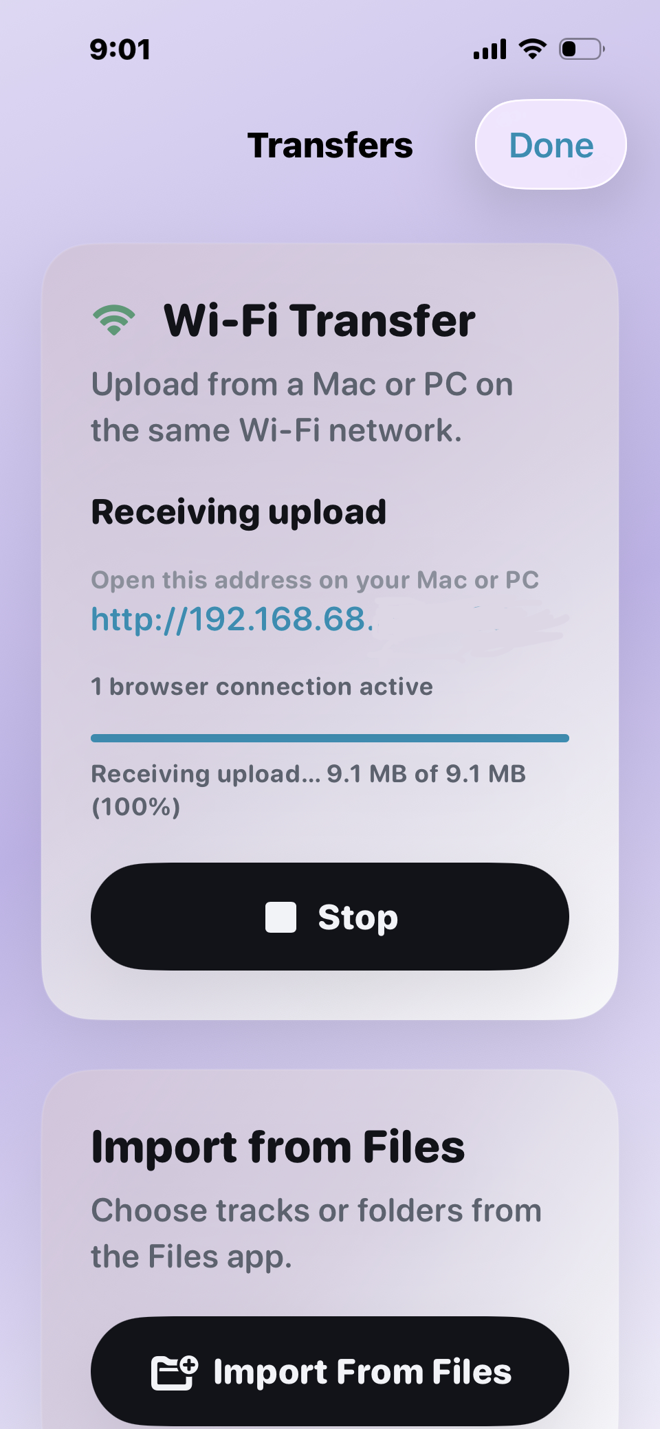 Stow Wi-Fi Transfer screen