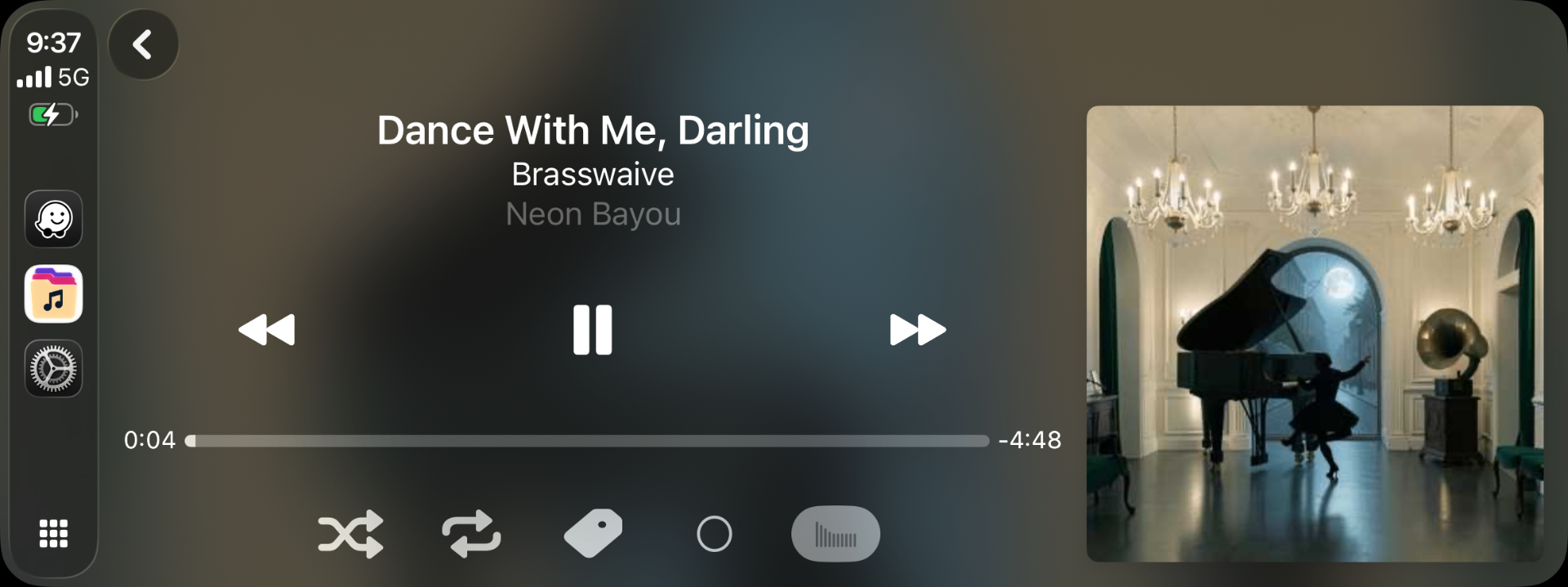 CarPlay Now Playing screen with artwork and transport controls