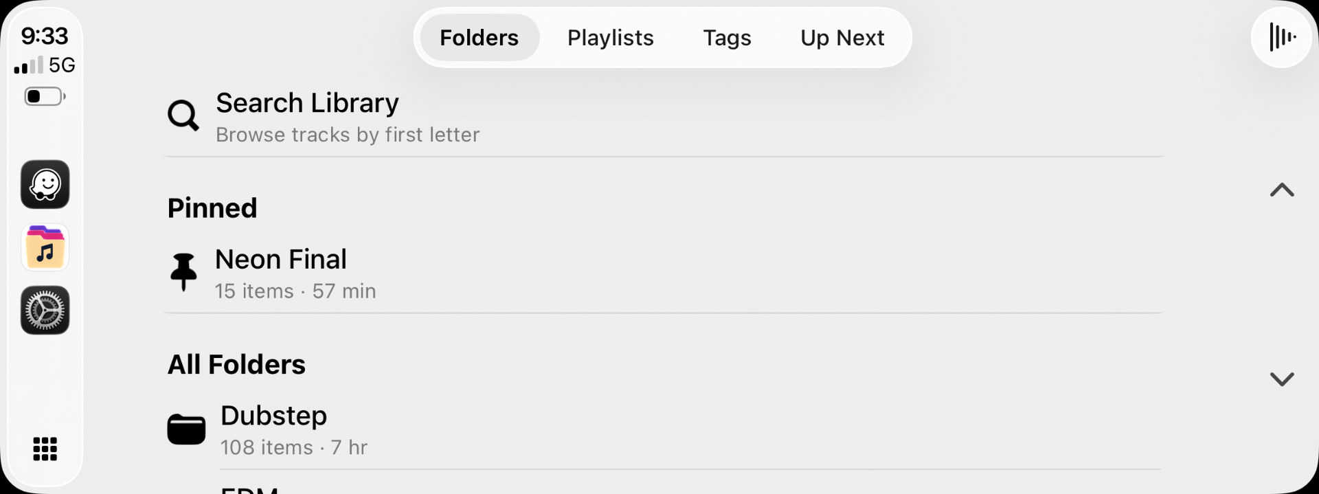 CarPlay Folders tab showing Pinned and All Folders sections
